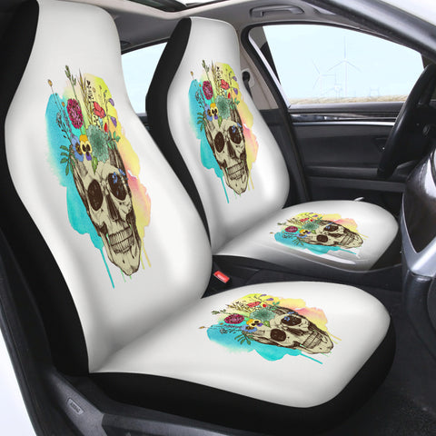 Image of Colorful Flowers On Skull Watercolor Background SWQT4430 Car Seat Covers