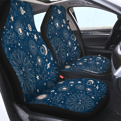 Image of Retro Cream Sun Moon Star Sketch Galaxy Navy Theme SWQT4520 Car Seat Covers