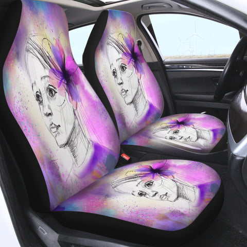 Image of Purple Floral On Lady's Ear Sketch SWQT4752 Car Seat Covers