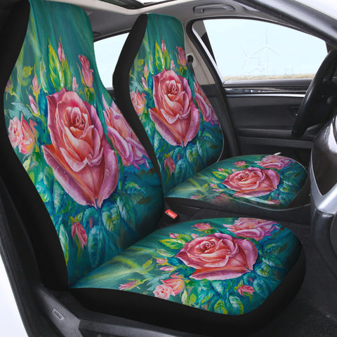 Image of Watercolor Pink Roses Green Theme SWQT5250 Car Seat Covers