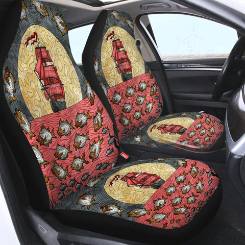 Image of Multi Fishes & Pirate Ship Dark Theme Color Pencil Sketch SWQT5345 Car Seat Covers