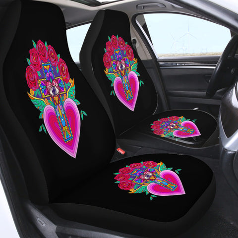 Image of Old School Cross Heart Illustration Pink Color SWQT5356 Car Seat Covers