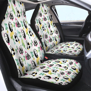 Multi Pandas & Bamboo Trees - White Pastel Theme SWQT5615 Car Seat Covers