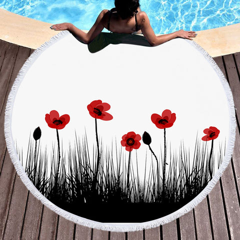 Image of Red & Black Flowers SWST3332 Round Beach Towel