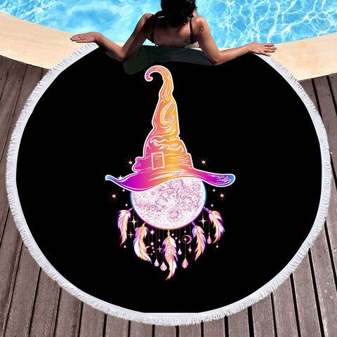 Image of Colorful Gradient Witch Hat Dreamcatcher SWST3385 Round Beach Towel