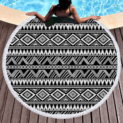 Image of B&W Aztec Pattern SWST3458 Round Beach Towel