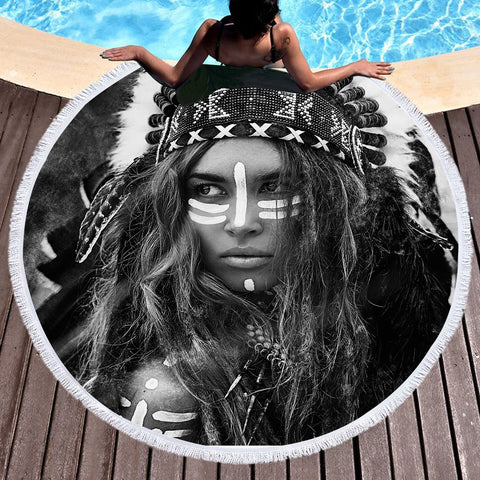 Image of B&W Aboriginal Woman SWST3459 Round Beach Towel