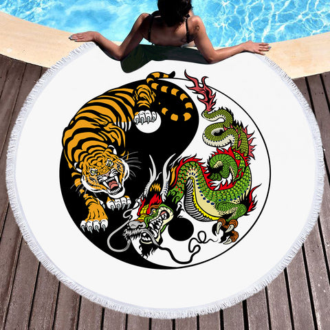 Image of Asian YinYang Tiger & Dragon SWST3460 Round Beach Towel