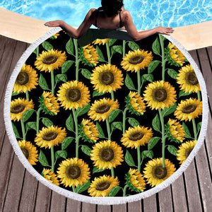 Sunflower Monogram Black Background SWST3472 Round Beach Towel