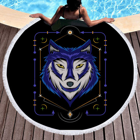 Image of Blue&White Wolf Bandana SWST3478 Round Beach Towel