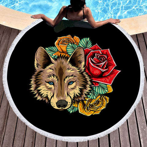 Image of Floral Brown Wolf SWST3483 Round Beach Towel