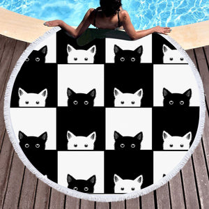 B&W Cats Checkerboard SWST3488 Round Beach Towel