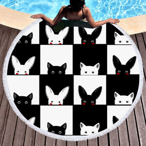 B&W Rabbits & Cats Checkerboard SWST3489 Round Beach Towel