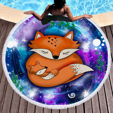 Image of Fox Family in Galaxy SWST3593 Round Beach Towel