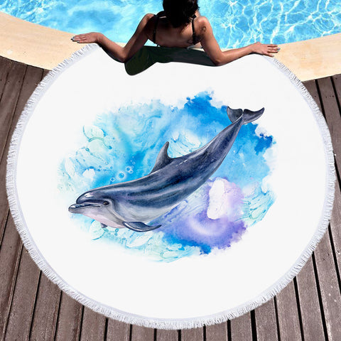 Image of Blue Spray Dolphin SWST3596 Round Beach Towel