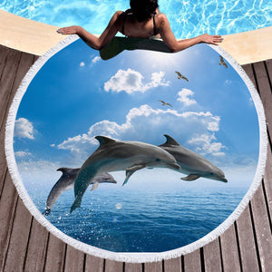 Dolphins Jumping Over Ocean SWST3614 Round Beach Towel