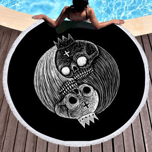 B&W Yin Yang Skull Sketch SWST3649 Round Beach Towel