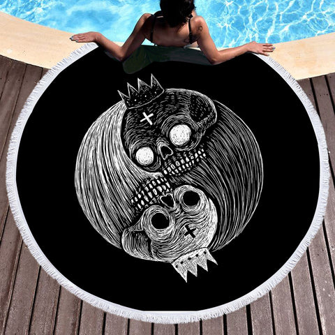 Image of B&W Yin Yang Skull Sketch SWST3649 Round Beach Towel