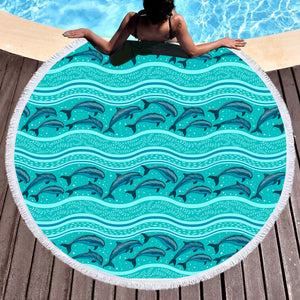 Jumping Dolphins Mint Stripes SWST3650 Round Beach Towel