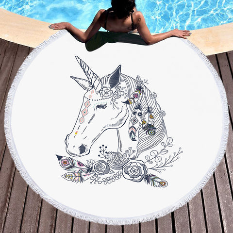 Image of Floral Unicorn Sketch SWST3652 Round Beach Towel