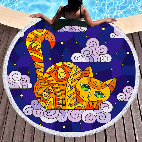 Image of Lying Yellow Aztec Cat SWST3658 Round Beach Towel