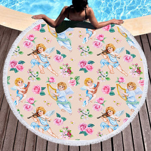 Pink Roses & Playing Music Angels SWST3660 Round Beach Towel