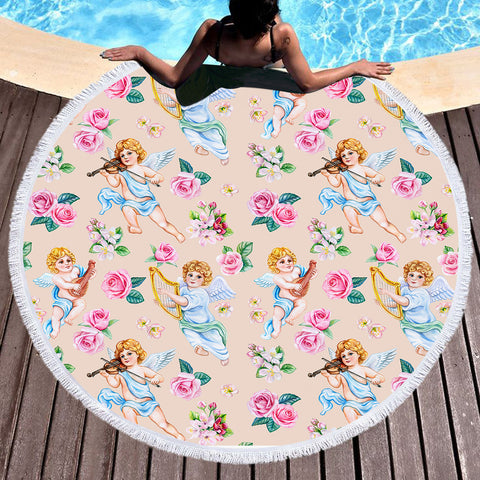 Image of Pink Roses & Playing Music Angels SWST3660 Round Beach Towel