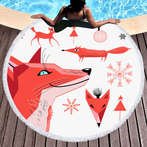 Image of Winter Funny Shapes of Fox SWST3688 Round Beach Towel