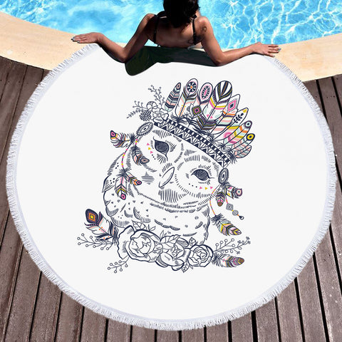 Image of Feather & Floral Owl Sketch SWST3695 Round Beach Towel