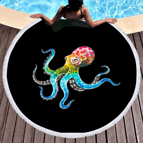 Image of Multicolor Dot Octopus SWST3696 Round Beach Towel