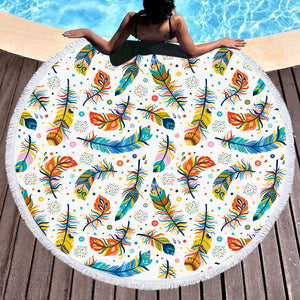 Colorful Feather & Dot Monogram White  SWST3698 Round Beach Towel