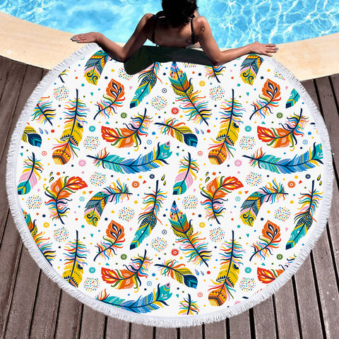 Image of Colorful Feather & Dot Monogram White  SWST3698 Round Beach Towel