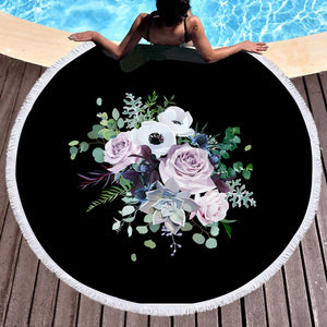 Purple Flowers On Black SWST3700 Round Beach Towel