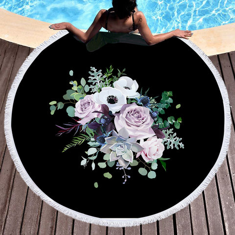 Image of Purple Flowers On Black SWST3700 Round Beach Towel