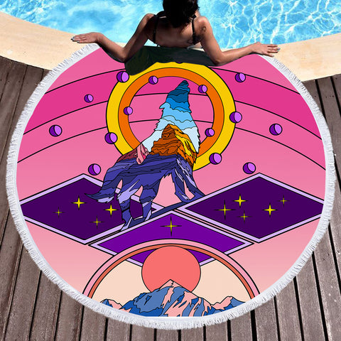 Image of Universe Wolf - Mountain Illustration SWST3703 Round Beach Towel
