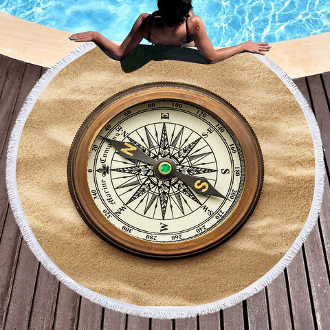 Image of Vintage Brown Compass  SWST3704 Round Beach Towel