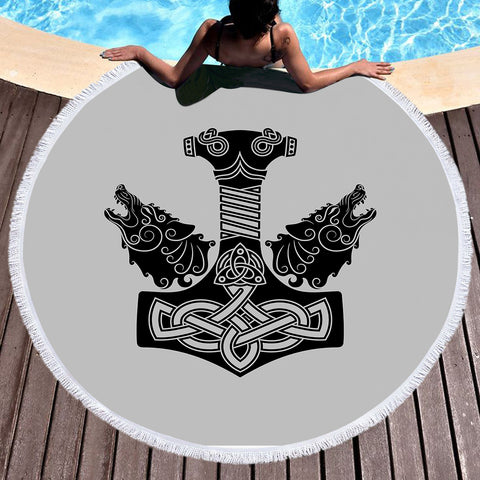 Image of B&W Wolf Knife Warrior Logo SWST3742 Round Beach Towel