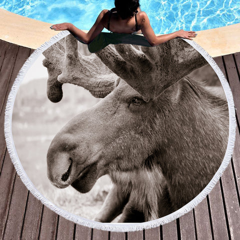 Image of Old Reindeer Head SWST3743 Round Beach Towel