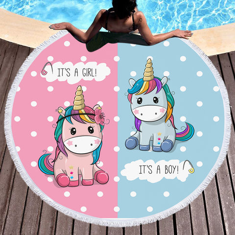 Image of Cute Girl & Boy Cartoon Unicorn SWST3744 Round Beach Towel