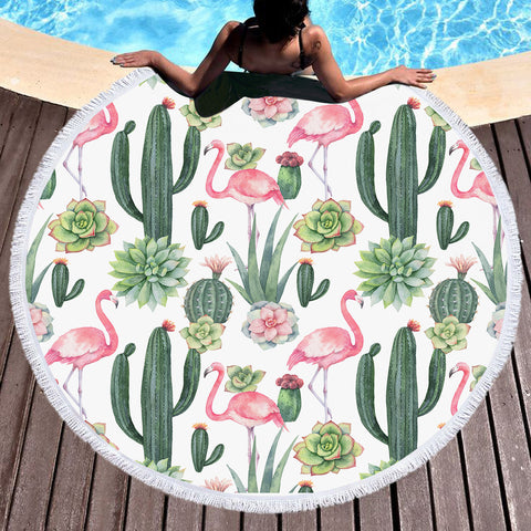 Image of Cactus FLower and Flamingos SWST3745 Round Beach Towel