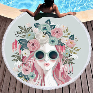 Pretty Floral Girl Illustration SWST3748 Round Beach Towel