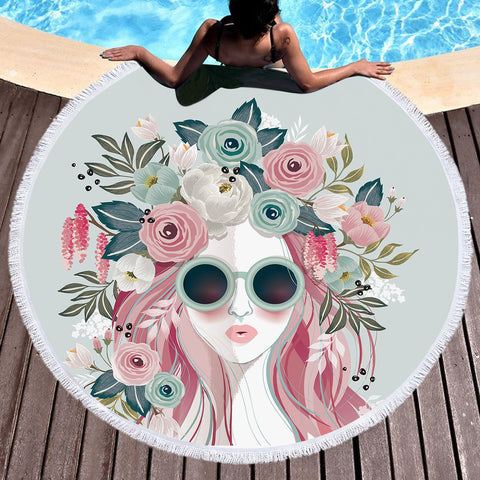 Image of Pretty Floral Girl Illustration SWST3748 Round Beach Towel