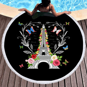 Paris Butterfly and Floral Eiffel SWST3749 Round Beach Towel