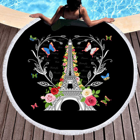Image of Paris Butterfly and Floral Eiffel SWST3749 Round Beach Towel