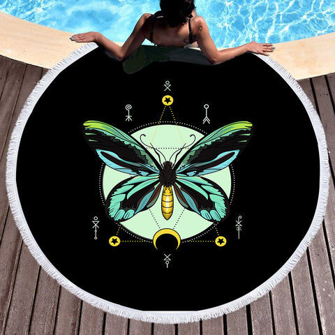Image of Neon Green and Blue Gradient Butterfly Illustration SWST3751 Round Beach Towel