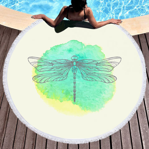 Image of Light Green Spray and Butterfly Line Sketch SWST3753 Round Beach Towel