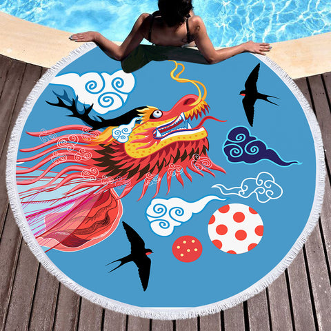 Image of Asian Dragon Head Japanese Art SWST3755 Round Beach Towel
