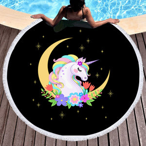 Cute Half Moon Cartoon Unicorn SWST3762 Round Beach Towel