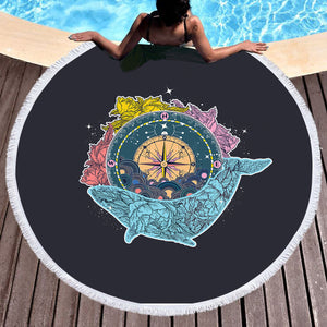 Vintage Floral Pattern on Whale & Compass SWST3763 Round Beach Towel