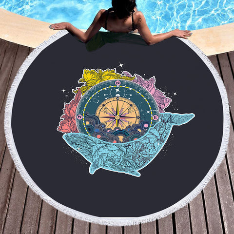 Image of Vintage Floral Pattern on Whale & Compass SWST3763 Round Beach Towel